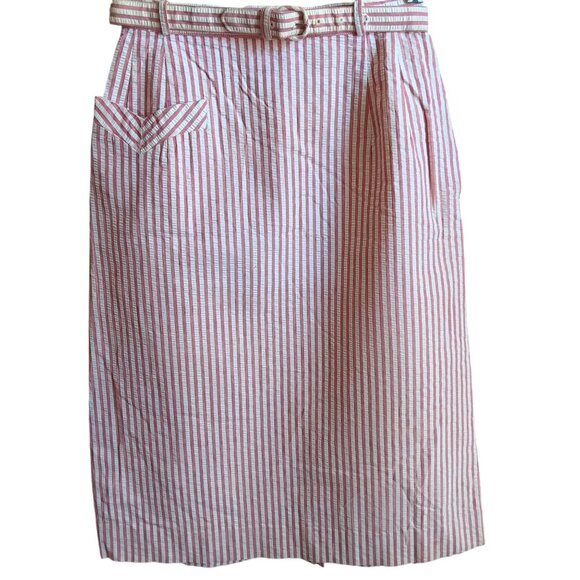 24W Vtg 50s American Golfer Pink Striped Seersucker Pencil Skirt Belt Pocket - Picture 1 of 6
